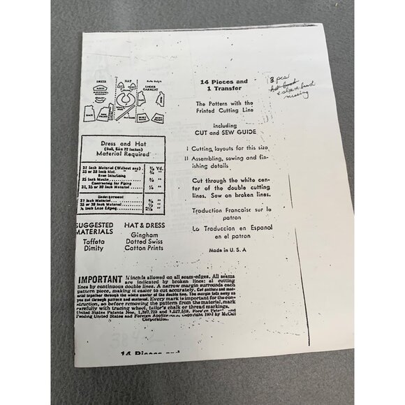 Vintage McCalls Sewing Pattern 384 1937 22" Doll Dress & Hat Shirley Temple - Picture 2 of 4